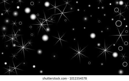 White Snowflakes on Black Background. Christmas Confetti. Festive Background with Bokeh and Stars. New Year Glitter made of Snowflakes and Stars. Confetti for Cards, Posters, Flyers on Black Backdrop.