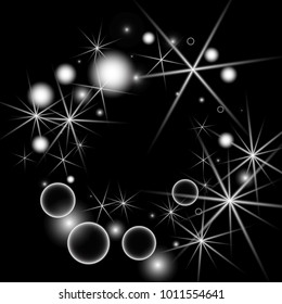 White Snowflakes on Black Background. Christmas Confetti. Festive Background with Bokeh and Stars. New Year Glitter made of Snowflakes and Stars. Confetti for Cards, Posters, Flyers on Black Backdrop