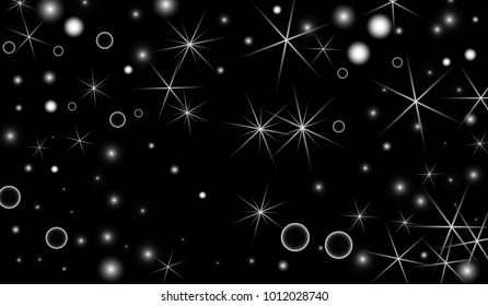 White Snowflakes on Black Background. Christmas Confetti. Festive Background with Bokeh and Stars. New Year Glitter made of Snowflakes and Stars. Confetti for Cards, Posters, Flyers on Black Backdrop.