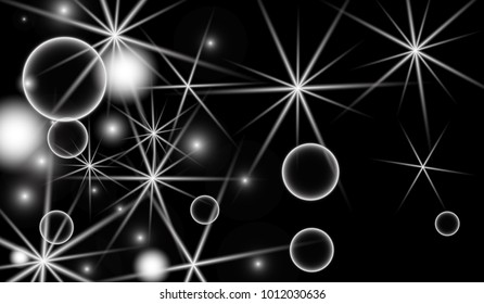 White Snowflakes on Black Background. Christmas Confetti. Festive Background with Bokeh and Stars. New Year Glitter made of Snowflakes and Stars. Confetti for Cards, Posters, Flyers on Black Backdrop.