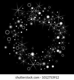 White Snowflakes on Black Background. Christmas Confetti. Festive Background with Bokeh and Stars. New Year Glitter made of Snowflakes and Stars. Confetti for Cards, Posters, Flyers on Black Backdrop