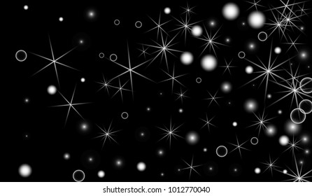 White Snowflakes on Black Background. Christmas Confetti. Festive Background with Bokeh and Stars. New Year Glitter made of Snowflakes and Stars. Confetti for Cards, Posters, Flyers on Black Backdrop.