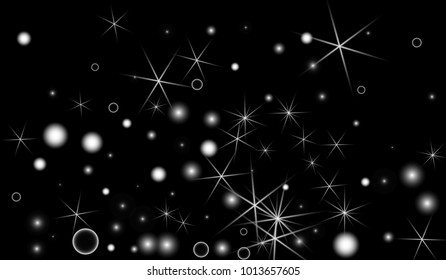 White Snowflakes on Black Background. Christmas Confetti. Festive Background with Bokeh and Stars. New Year Glitter made of Snowflakes and Stars. Confetti for Cards, Posters, Flyers on Black Backdrop.
