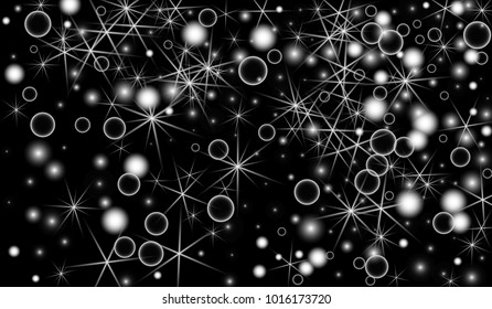 White Snowflakes on Black Background. Christmas Confetti. Festive Background with Bokeh and Stars. New Year Glitter made of Snowflakes and Stars. Confetti for Cards, Posters, Flyers on Black Backdrop.