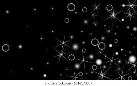 White Snowflakes on Black Background. Christmas Confetti. Festive Background with Bokeh and Stars. New Year Glitter made of Snowflakes and Stars. Confetti for Cards, Posters, Flyers on Black Backdrop.