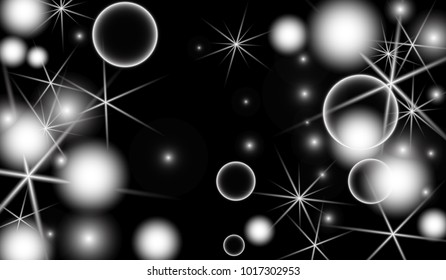 White Snowflakes on Black Background. Christmas Confetti. Festive Background with Bokeh and Stars. New Year Glitter made of Snowflakes and Stars. Confetti for Cards, Posters, Flyers on Black Backdrop.