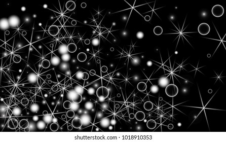 White Snowflakes on Black Background. Christmas Confetti. Festive Background with Bokeh and Stars. New Year Glitter made of Snowflakes and Stars. Confetti for Cards, Posters, Flyers on Black Backdrop.