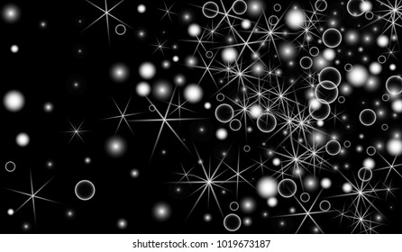 White Snowflakes on Black Background. Christmas Confetti. Festive Background with Bokeh and Stars. New Year Glitter made of Snowflakes and Stars. Confetti for Cards, Posters, Flyers on Black Backdrop.