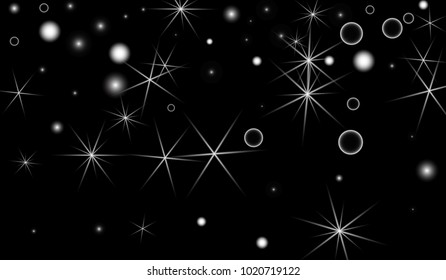 White Snowflakes on Black Background. Christmas Confetti. Festive Background with Bokeh and Stars. New Year Glitter made of Snowflakes and Stars. Confetti for Cards, Posters, Flyers on Black Backdrop.