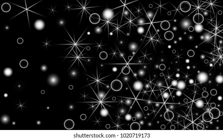 White Snowflakes on Black Background. Christmas Confetti. Festive Background with Bokeh and Stars. New Year Glitter made of Snowflakes and Stars. Confetti for Cards, Posters, Flyers on Black Backdrop.