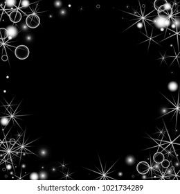 White Snowflakes on Black Background. Christmas Confetti. Festive Background with Bokeh and Stars. New Year Glitter made of Snowflakes and Stars. Confetti for Cards, Posters, Flyers on Black Backdrop