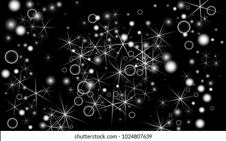 White Snowflakes on Black Background. Christmas Confetti. Festive Background with Bokeh and Stars. New Year Glitter made of Snowflakes and Stars. Confetti for Cards, Posters, Flyers on Black Backdrop.