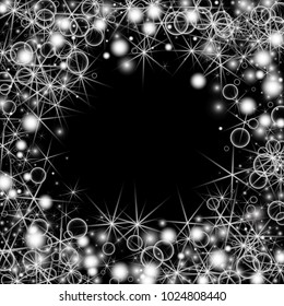White Snowflakes on Black Background. Christmas Confetti. Festive Background with Bokeh and Stars. New Year Glitter made of Snowflakes and Stars. Confetti for Cards, Posters, Flyers on Black Backdrop