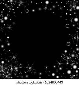 White Snowflakes on Black Background. Christmas Confetti. Festive Background with Bokeh and Stars. New Year Glitter made of Snowflakes and Stars. Confetti for Cards, Posters, Flyers on Black Backdrop