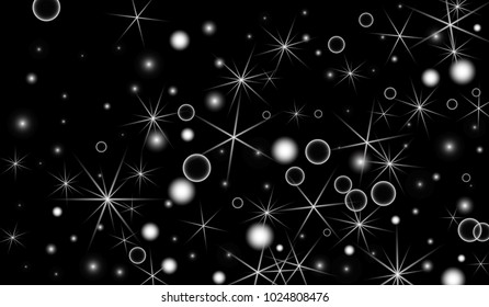 White Snowflakes on Black Background. Christmas Confetti. Festive Background with Bokeh and Stars. New Year Glitter made of Snowflakes and Stars. Confetti for Cards, Posters, Flyers on Black Backdrop.