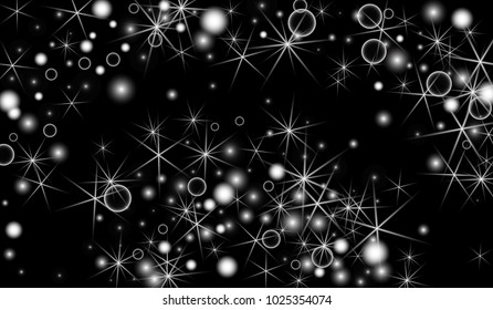 White Snowflakes on Black Background. Christmas Confetti. Festive Background with Bokeh and Stars. New Year Glitter made of Snowflakes and Stars. Confetti for Cards, Posters, Flyers on Black Backdrop.