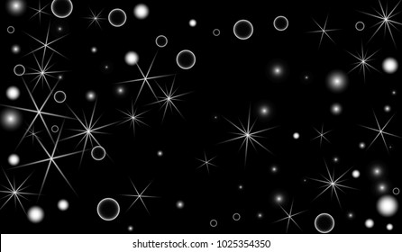White Snowflakes on Black Background. Christmas Confetti. Festive Background with Bokeh and Stars. New Year Glitter made of Snowflakes and Stars. Confetti for Cards, Posters, Flyers on Black Backdrop.