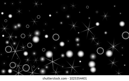 White Snowflakes on Black Background. Christmas Confetti. Festive Background with Bokeh and Stars. New Year Glitter made of Snowflakes and Stars. Confetti for Cards, Posters, Flyers on Black Backdrop.