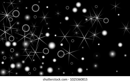White Snowflakes on Black Background. Christmas Confetti. Festive Background with Bokeh and Stars. New Year Glitter made of Snowflakes and Stars. Confetti for Cards, Posters, Flyers on Black Backdrop.