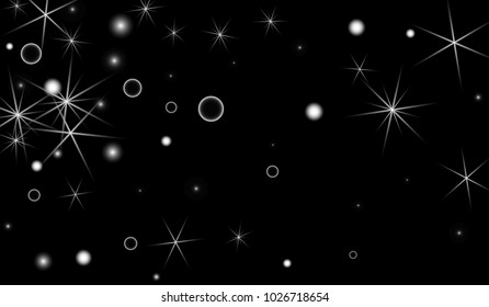 White Snowflakes on Black Background. Christmas Confetti. Festive Background with Bokeh and Stars. New Year Glitter made of Snowflakes and Stars. Confetti for Cards, Posters, Flyers on Black Backdrop.