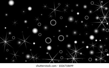 White Snowflakes on Black Background. Christmas Confetti. Festive Background with Bokeh and Stars. New Year Glitter made of Snowflakes and Stars. Confetti for Cards, Posters, Flyers on Black Backdrop.