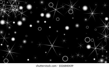 White Snowflakes on Black Background. Christmas Confetti. Festive Background with Bokeh and Stars. New Year Glitter made of Snowflakes and Stars. Confetti for Cards, Posters, Flyers on Black Backdrop.