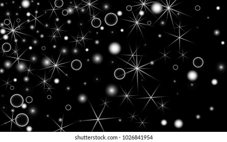 White Snowflakes on Black Background. Christmas Confetti. Festive Background with Bokeh and Stars. New Year Glitter made of Snowflakes and Stars. Confetti for Cards, Posters, Flyers on Black Backdrop.