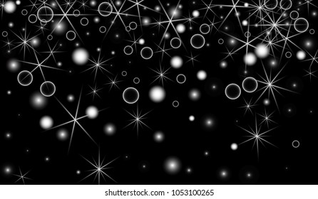 White Snowflakes on Black Background. Christmas Confetti. Festive Background with Bokeh and Stars. New Year Glitter made of Snowflakes and Stars. Confetti for Cards, Posters, Flyers on Black Backdrop.