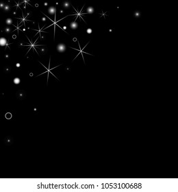 White Snowflakes on Black Background. Christmas Confetti. Festive Background with Bokeh and Stars. New Year Glitter made of Snowflakes and Stars. Confetti for Cards, Posters, Flyers on Black Backdrop
