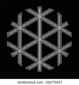 White snowflakes on a black background in halftone style