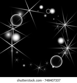 White Snowflakes on Black Background. Christmas Confetti. Festive Background with Bokeh and Stars. New Year Glitter made of Snowflakes and Stars. Confetti for Cards, Posters, Flyers on Black Backdrop