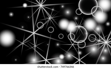 White Snowflakes on Black Background. Christmas Confetti. Festive Background with Bokeh and Stars. New Year Glitter made of Snowflakes and Stars. Confetti for Cards, Posters, Flyers on Black Backdrop.