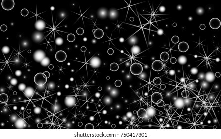 White Snowflakes on Black Background. Christmas Confetti. Festive Background with Bokeh and Stars. New Year Glitter made of Snowflakes and Stars. Confetti for Cards, Posters, Flyers on Black Backdrop.