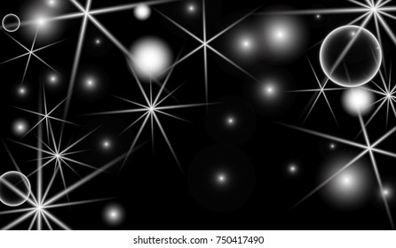 White Snowflakes on Black Background. Christmas Confetti. Festive Background with Bokeh and Stars. New Year Glitter made of Snowflakes and Stars. Confetti for Cards, Posters, Flyers on Black Backdrop.
