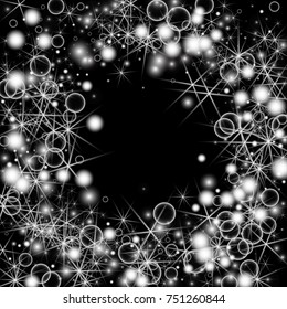White Snowflakes on Black Background. Christmas Confetti. Festive Background with Bokeh and Stars. New Year Glitter made of Snowflakes and Stars. Confetti for Cards, Posters, Flyers on Black Backdrop
