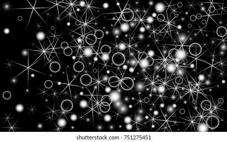White Snowflakes on Black Background. Christmas Confetti. Festive Background with Bokeh and Stars. New Year Glitter made of Snowflakes and Stars. Confetti for Cards, Posters, Flyers on Black Backdrop.