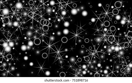 White Snowflakes on Black Background. Christmas Confetti. Festive Background with Bokeh and Stars. New Year Glitter made of Snowflakes and Stars. Confetti for Cards, Posters, Flyers on Black Backdrop.