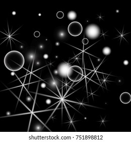 White Snowflakes on Black Background. Christmas Confetti. Festive Background with Bokeh and Stars. New Year Glitter made of Snowflakes and Stars. Confetti for Cards, Posters, Flyers on Black Backdrop
