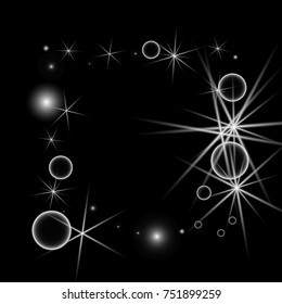 White Snowflakes on Black Background. Christmas Confetti. Festive Background with Bokeh and Stars. New Year Glitter made of Snowflakes and Stars. Confetti for Cards, Posters, Flyers on Black Backdrop
