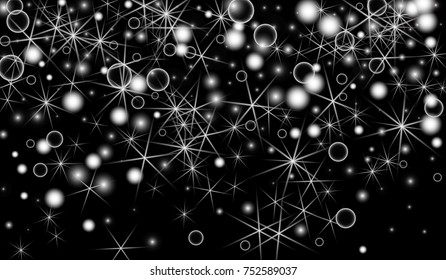 White Snowflakes on Black Background. Christmas Confetti. Festive Background with Bokeh and Stars. New Year Glitter made of Snowflakes and Stars. Confetti for Cards, Posters, Flyers on Black Backdrop.