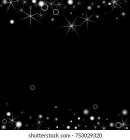 White Snowflakes on Black Background. Christmas Confetti. Festive Background with Bokeh and Stars. New Year Glitter made of Snowflakes and Stars. Confetti for Cards, Posters, Flyers on Black Backdrop