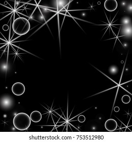 White Snowflakes on Black Background. Christmas Confetti. Festive Background with Bokeh and Stars. New Year Glitter made of Snowflakes and Stars. Confetti for Cards, Posters, Flyers on Black Backdrop