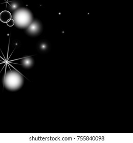 White Snowflakes on Black Background. Christmas Confetti. Festive Background with Bokeh and Stars. New Year Glitter made of Snowflakes and Stars. Confetti for Cards, Posters, Flyers on Black Backdrop