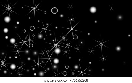 White Snowflakes on Black Background. Christmas Confetti. Festive Background with Bokeh and Stars. New Year Glitter made of Snowflakes and Stars. Confetti for Cards, Posters, Flyers on Black Backdrop.