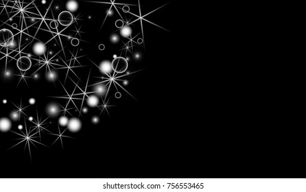 White Snowflakes on Black Background. Christmas Confetti. Festive Background with Bokeh and Stars. New Year Glitter made of Snowflakes and Stars. Confetti for Cards, Posters, Flyers on Black Backdrop.