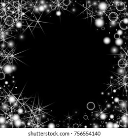 White Snowflakes on Black Background. Christmas Confetti. Festive Background with Bokeh and Stars. New Year Glitter made of Snowflakes and Stars. Confetti for Cards, Posters, Flyers on Black Backdrop