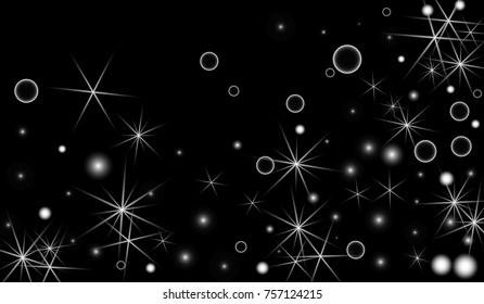 White Snowflakes on Black Background. Christmas Confetti. Festive Background with Bokeh and Stars. New Year Glitter made of Snowflakes and Stars. Confetti for Cards, Posters, Flyers on Black Backdrop.