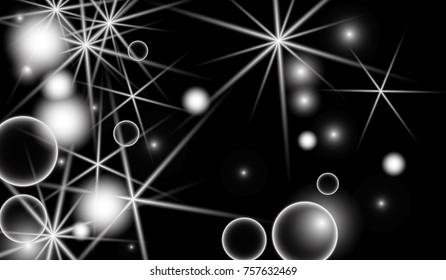 White Snowflakes on Black Background. Christmas Confetti. Festive Background with Bokeh and Stars. New Year Glitter made of Snowflakes and Stars. Confetti for Cards, Posters, Flyers on Black Backdrop.