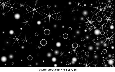 White Snowflakes on Black Background. Christmas Confetti. Festive Background with Bokeh and Stars. New Year Glitter made of Snowflakes and Stars. Confetti for Cards, Posters, Flyers on Black Backdrop.