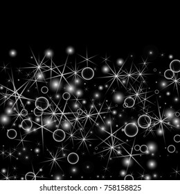 White Snowflakes on Black Background. Christmas Confetti. Festive Background with Bokeh and Stars. New Year Glitter made of Snowflakes and Stars. Confetti for Cards, Posters, Flyers on Black Backdrop